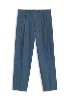 Pantalon bleu plissé avec passants de ceinture et poches latérales, coupe droite, présenté à plat sur fond blanc.