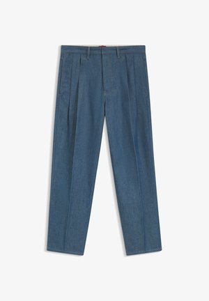 Blue pleated trousers with belt loops and side pockets, straight-leg fit, displayed flat on white background.
