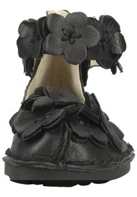 Sandal in pelle nera con applicazioni floreali sul cinturino alla caviglia, punta rotonda e suola rigata. Presenta cuciture visibili e una fodera morbida.