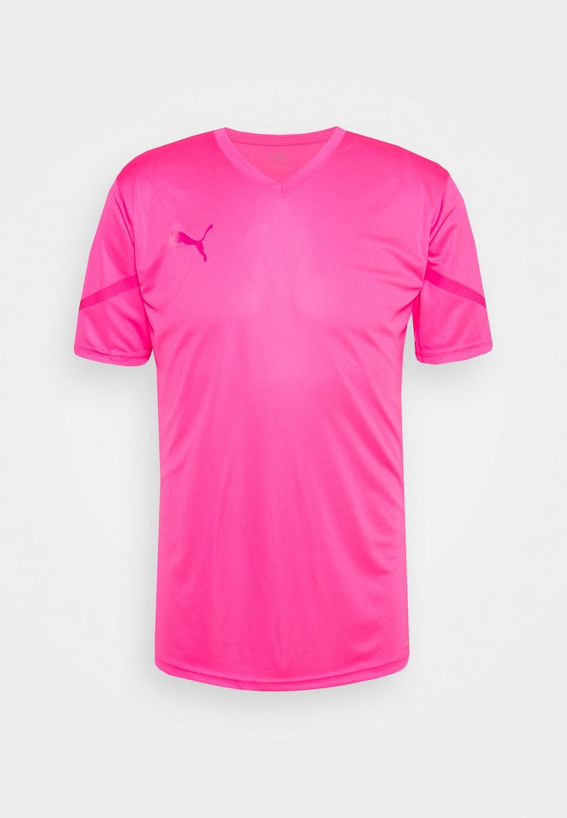 Růžový sportovní dres s krátkým rukávem a výstřihem do V, vyrobený z lehké látky, s tónovaným logem na levé horní straně a kontrastními pruhy po stranách.