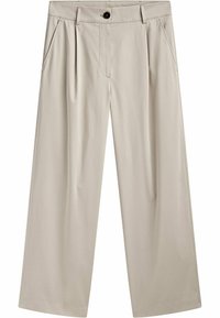 Beige wijde broek gemaakt van soepel materiaal, met een sluiting aan de voorkant met knoop, twee zijzakken en een natuurlijke val.