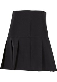 Svart plisserad kjol med en åtsittande midja, tillverkad av ett mjukt tyg. Den har flera plisseringar för ökad textur och flöde.