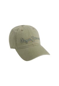 Grüne Baumwoll-Baseballmütze mit gesticktem "Pepe Jeans"-Logo in einem helleren Farbton, sechsteiligem Design und gebogenem Schirm.