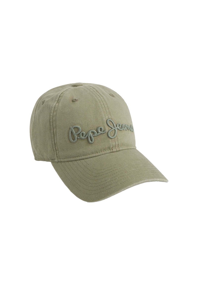 Grüne Baumwoll-Baseballmütze mit gesticktem "Pepe Jeans"-Logo in einem helleren Farbton, sechsteiligem Design und gebogenem Schirm.