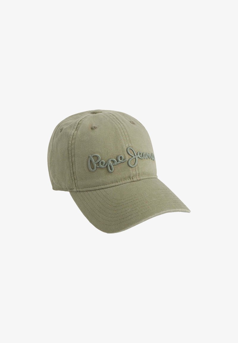 Grüne Baumwoll-Baseballmütze mit gesticktem "Pepe Jeans"-Logo in einem helleren Farbton, sechsteiligem Design und gebogenem Schirm.
