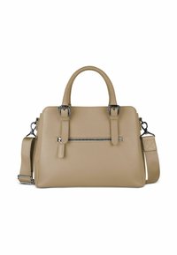 Borsa a mano in pelle beige con finitura testurizzata, doppi manici superiori, tracolla rimovibile e tasca frontale con zip. Dettagli in metallo color argento.