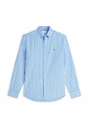 Camicia a maniche lunghe blu e bianca a righe verticali, con bottoni, colletto abbottonato e piccolo logo ricamato sul petto.