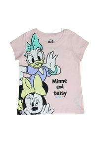 T-shirt en coton rose avec un graphisme de Daisy Duck et Minnie Mouse, accompagné du texte « Minne et Daisy » et de cœurs pastel en décoration.