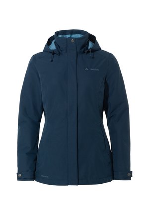 Dames navyblauwe waterdichte jas met capuchon, ritssluiting aan de voorkant bedekt door een stormflap, verstelbare manchetten en zijzakken.