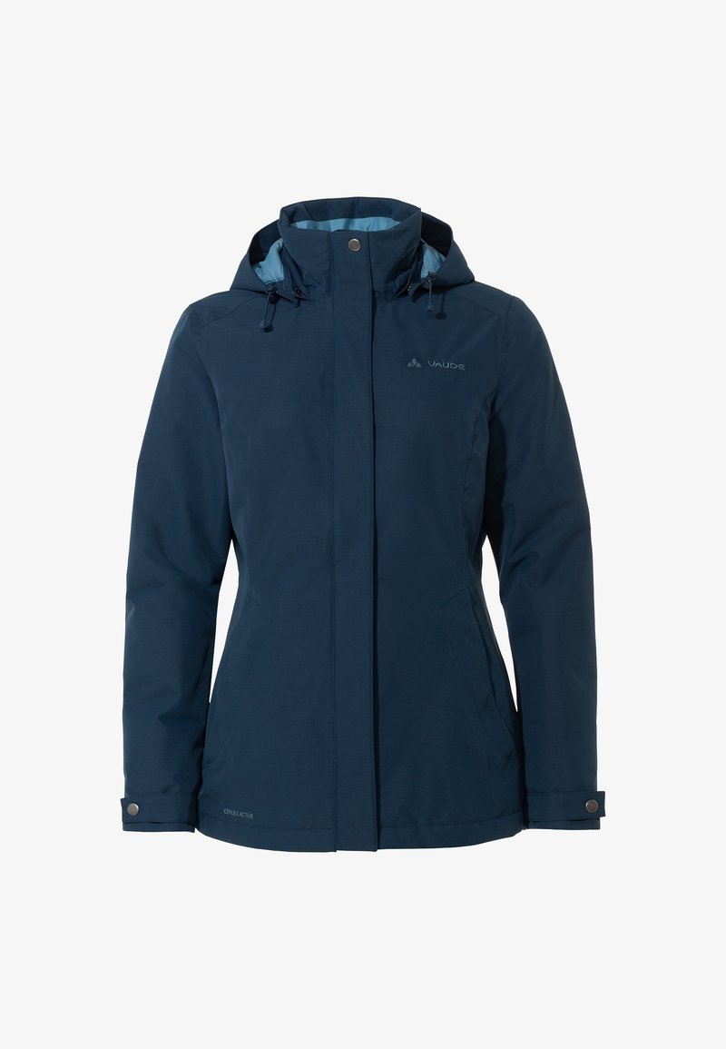 Veste imperméable pour femme en bleu marine avec capuche, fermeture éclair frontale cachée par un rabat coupe-vent, poignets réglables et poches latérales.
