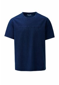 Námořnická modrá tričko vyrobené z měkké tkaniny, s kulatým výstřihem a embosovaným logem "SALSA JEANS" na přední straně. Krátké rukávy a rovný lem.