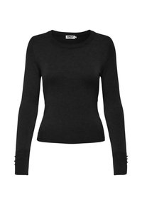 Suéter negro de punto con mangas largas, cuello redondo y silueta ajustada. Presenta detalles de botones en el puño. Textura suave.