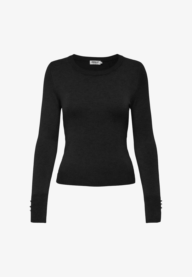 Suéter negro de punto con mangas largas, cuello redondo y silueta ajustada. Presenta detalles de botones en el puño. Textura suave.