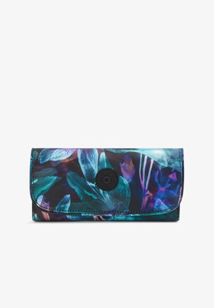 Floral-patterned wallet in dark colors, made of durable fabric, with a fold-over design and circular brand logo accent on the front.