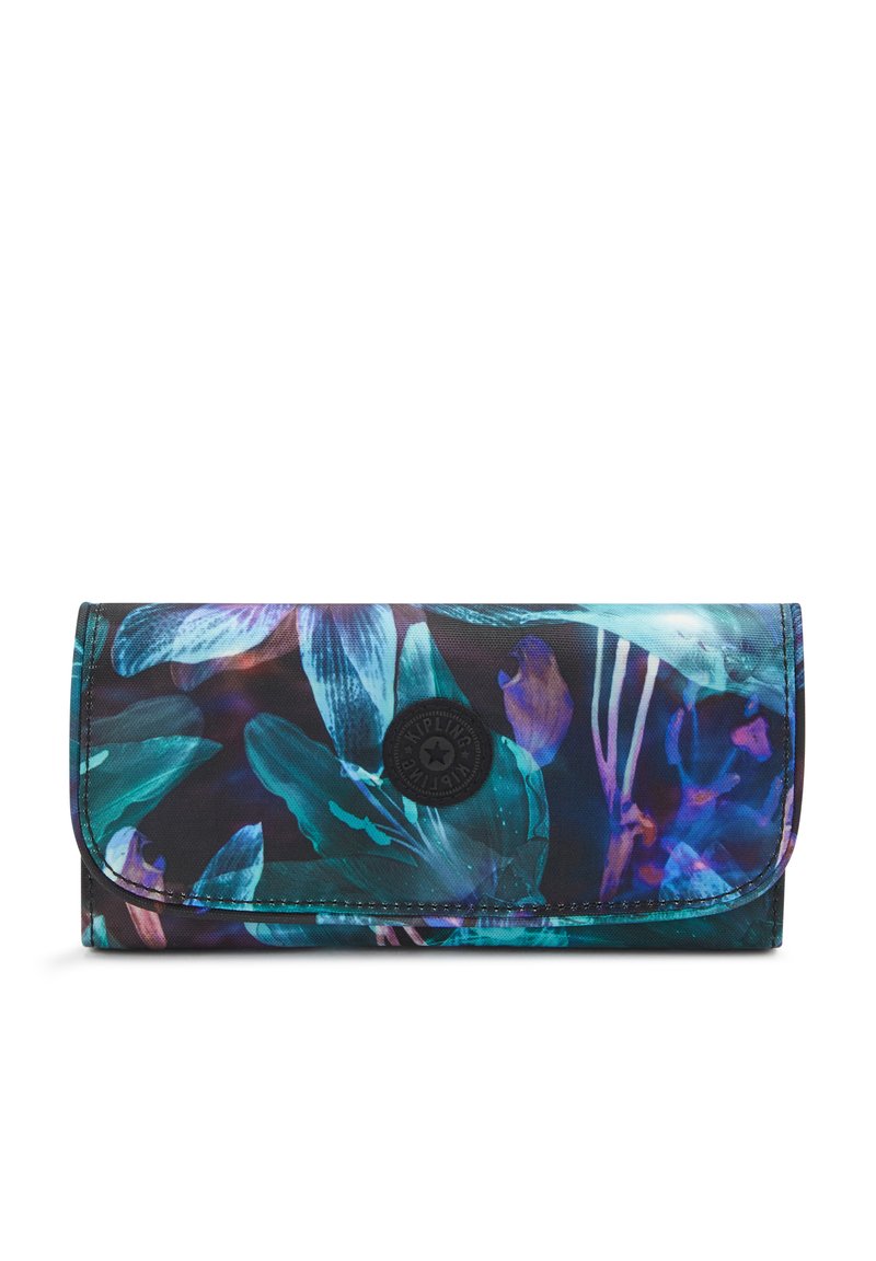 Portemonnee met bloemenpatroon in donkere kleuren, gemaakt van duurzaam stof, met een opklapdesign en een ronde merklogo-accent aan de voorkant.