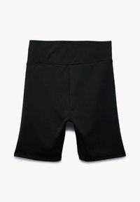 Mustat urheilushortsit, jotka on valmistettu sileästä ja joustavasta kankaasta. Niissä on leveä vyötärönauha ja tiukka muotoilu, joka loppuu juuri polven ylle.