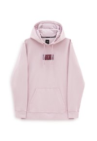 Sudadera rosa con un bolsillo canguro, con un pequeño logotipo bordado de "VANS" en el pecho. Tela suave y capucha ajustable con cordón.