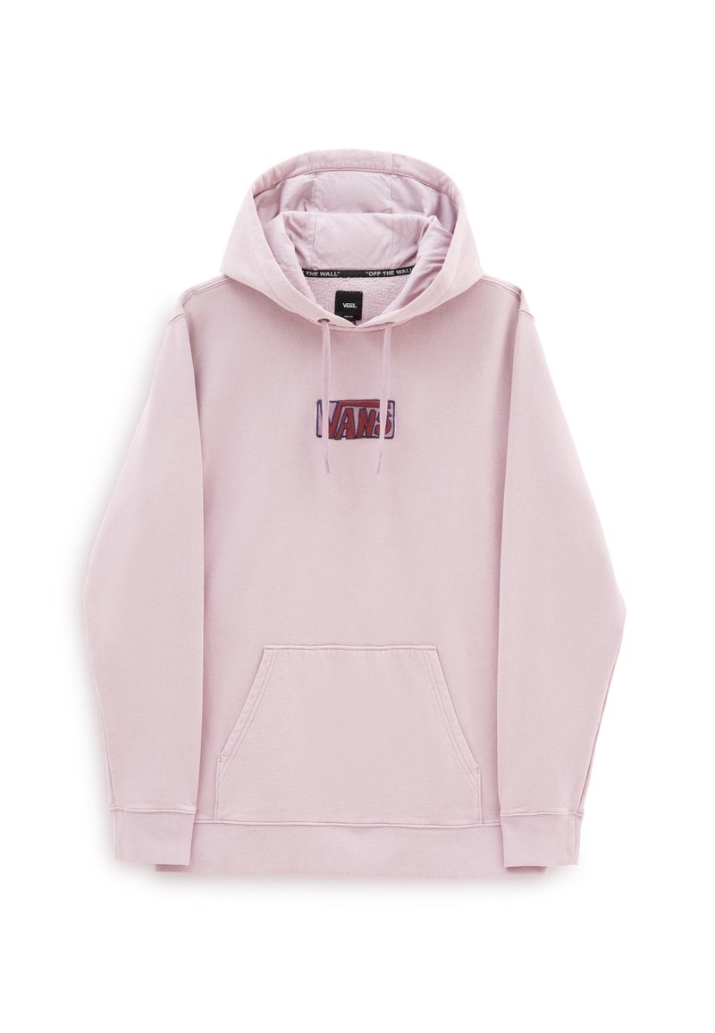 Sudadera rosa con un bolsillo canguro, con un pequeño logotipo bordado de "VANS" en el pecho. Tela suave y capucha ajustable con cordón.