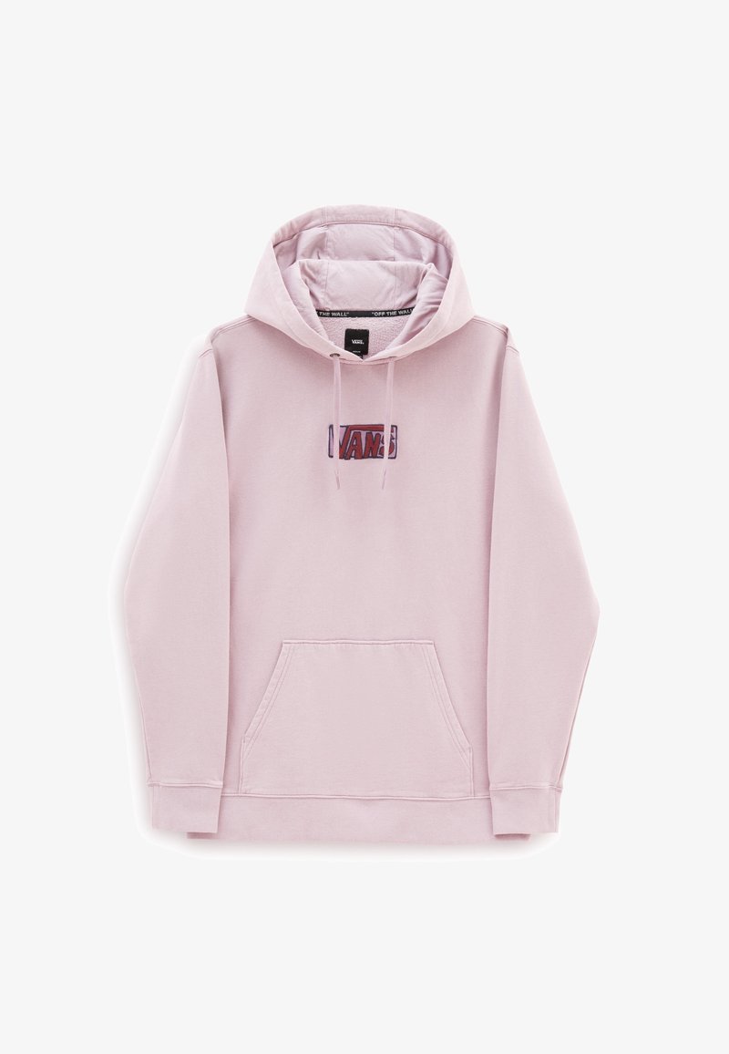 Rosa hoodie med kenguruficka, med en liten broderad "VANS"-logotyp på bröstet. Mjukt tyg och justerbar dragsko i huvan.