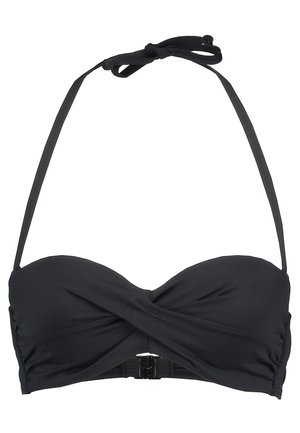 Top bikini bandeau nero con design frontale intrecciato. Laccetti regolabili intorno al collo e chiusura posteriore sicura. Tessuto liscio, stile minimalista.