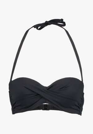 Melnās bandeau bikinija augšdaļa ar savītas priekšpuses dizainu. Regulējami kakla saišķi un droša aizmugures sprādze. Gluda auduma, minimālistisks stils.