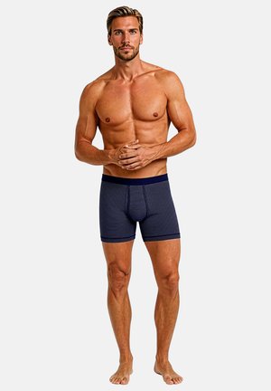 Marineblaue Boxershorts mit Streifenmuster und einem weichen elastischen Bund, mit enger Passform und mittlerer Oberschenkellänge, aus atmungsaktivem Stoff gefertigt.