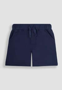 Mørkeblå bomuldsshorts med elastisk talje, snor og to forlommer. Har en glat overflade og rene kanter.