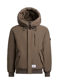 Veste à capuche marron avec fermeture éclair sur le devant, deux poches latérales zippées et une poche sur la poitrine. Poignets et ourlet côtelés, avec un logo en étiquette.
