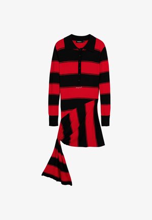 Langärmeliges Kleid mit rot-schwarzen horizontalen Streifen, Polokragen, Knopfverschluss und asymmetrischem, drapiertem Saumdetail.