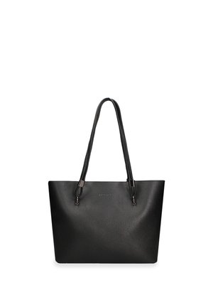Zwart getextureerde leren tote tas met twee lange handvatten en een subtiel logo in het midden voorop geperst.