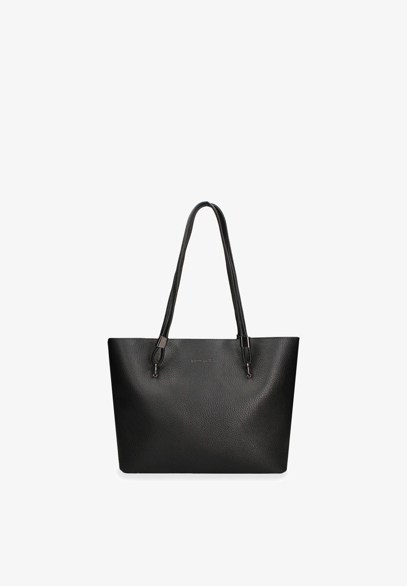 Sac cabas en cuir noir texturé avec deux longues anses et un logo discret embossé au centre devant.