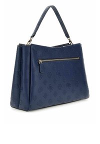 Marineblauwe neplederen handtas met geperste bloemenpatronen, een ritsvak aan de voorkant en een enkele schouderband. Gestructureerd ontwerp en rechthoekige vorm.