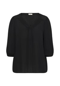 Sort bluse med V-udskæring, trekvartlange puffærmer og subtil struktur vævning. Har syninger langs udskæringen.