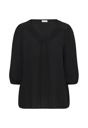 Melna blūze ar V veida dekoltē, trīs ceturtdaļu puff piedurknēm un smalku struktūru audumā. Iekļauj izšuvumu gar dekoltē līniju.