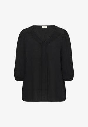 Fekete blúz V-nyakkivágással, háromnegyedes puffos ujjakkal és finoman texturált anyaggal. A nyakkivágás mentén varrás található.