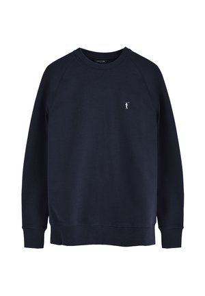 Sudadera azul marino oscuro con cuello redondo, mangas largas y pequeño logo blanco de jugador de polo en el pecho izquierdo.