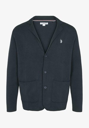 Cárdigan azul marino oscuro con botones, dos bolsillos delanteros y un pequeño logo bordado de un jugador de polo en blanco en el pecho.
