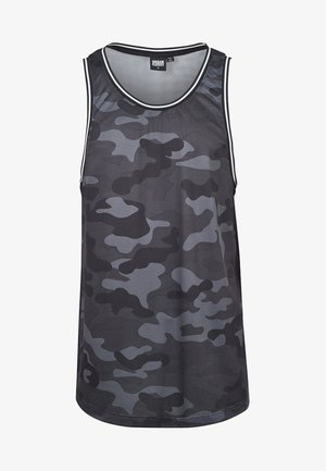 Zwarte en grijze camouflage tanktop, lichtgewicht mesh materiaal, ronde hals, contrasterende afwerking, mouwloos ontwerp, geschikt voor casual of sportieve kleding.