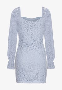 Krajková mini šaty ve světle modré barvě, s čtvercovým výstřihem, dlouhými puff rukávy, květinovým krajkovým vzorem a přiléhavou siluetou.