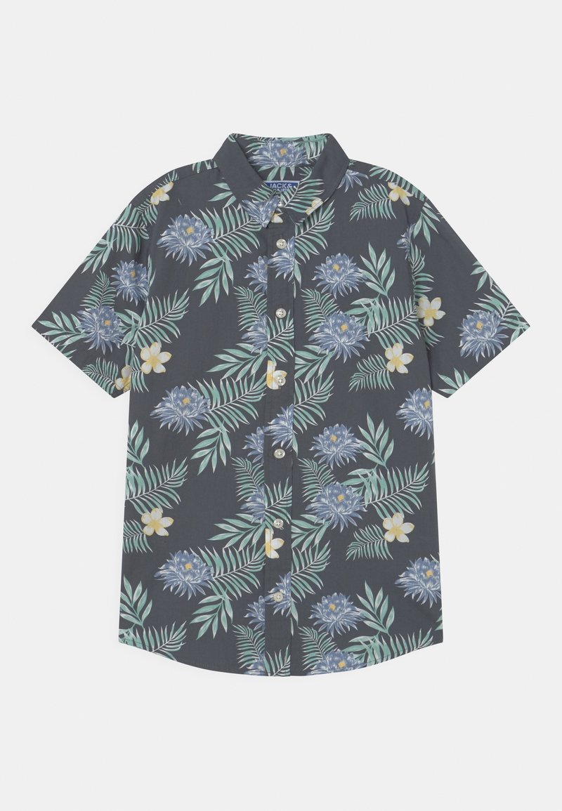 Chemise gris foncé à manches courtes avec boutons, imprimé de feuilles de palmier vertes et fleurs bleues et blanches.
