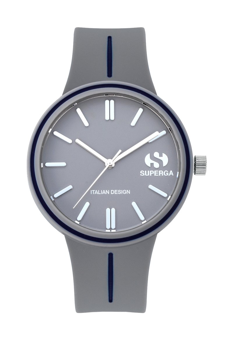 Reloj redondo con una correa de silicona gris y un dial gris. Presenta marcadores y manecillas plateados, además de un logo en la posición de las 6 en punto.