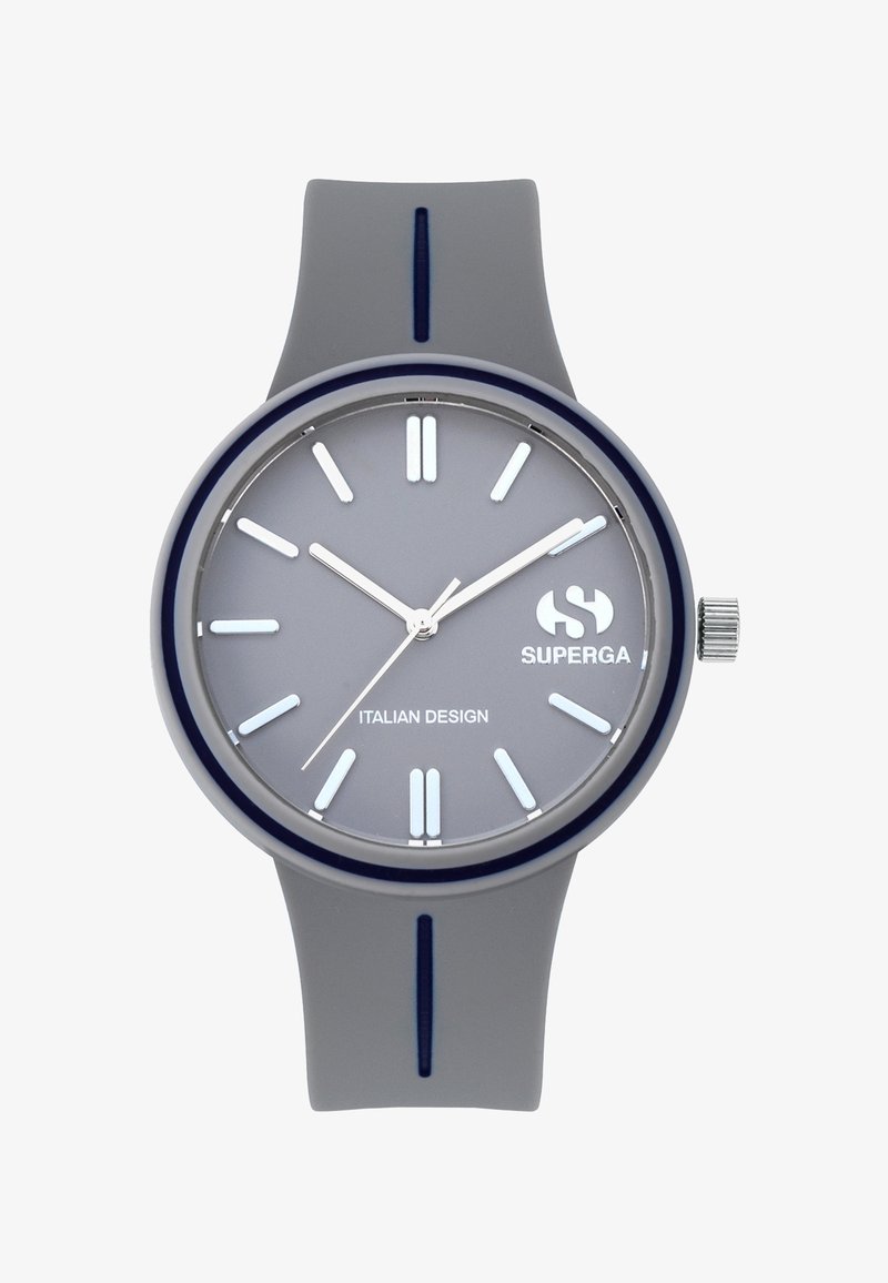 Reloj redondo con una correa de silicona gris y un dial gris. Presenta marcadores y manecillas plateados, además de un logo en la posición de las 6 en punto.