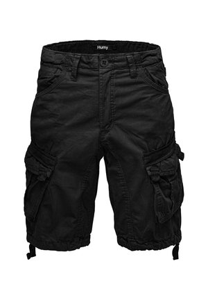 Schwarze Cargo-Shorts aus leichtem Material, mit mehreren Seitentaschen, einem elastischen Bund und verstellbaren Beinöffnungen.