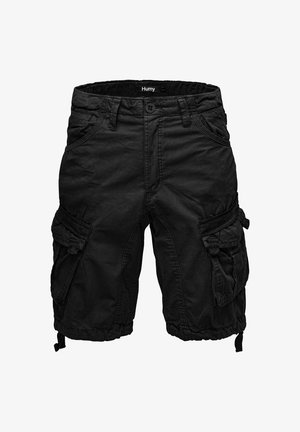 Schwarze Cargo-Shorts aus leichtem Material, mit mehreren Seitentaschen, einem elastischen Bund und verstellbaren Beinöffnungen.