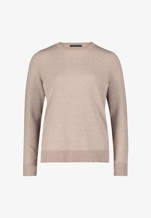 Light beige sweater made of soft fabric, featuring a crew neckline, long sleeves, and ribbed cuffs and hem for a comfortable fit.