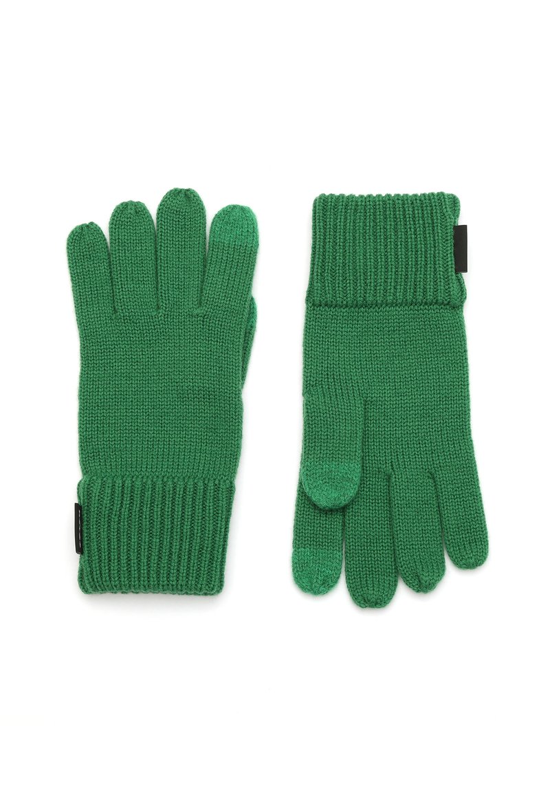 Gröna stickade handskar med ribbat manschett, femfingersdesign och strukturerat material. Slät yta med jämn sömnad och inga synliga mönster.