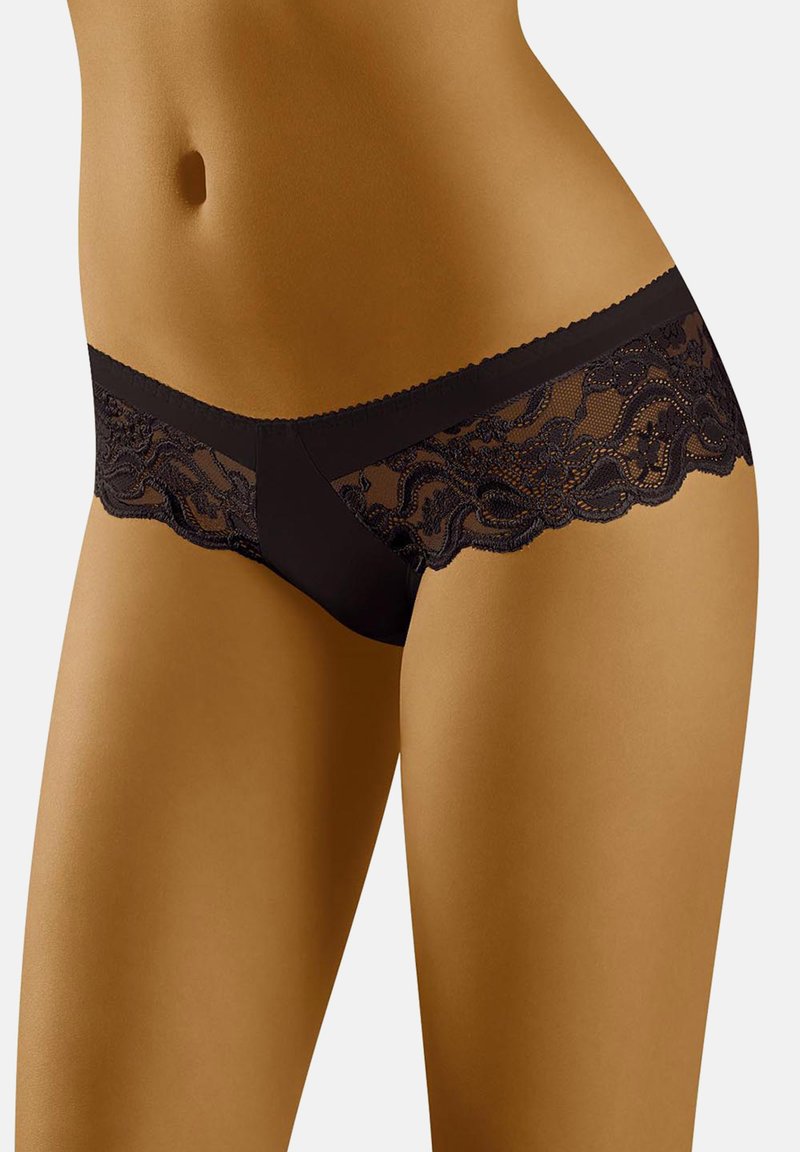 Shorturi tip boyshort din dantelă neagră, cu un model floral transparent pe margini, având un brâu neted și un amestec de bumbac pentru confort.