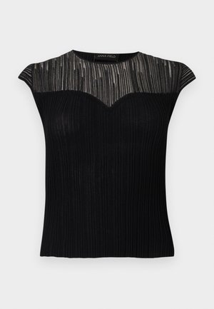 Μαύρο ριπ αμάνικο τοπ με διαφανή mesh περιοχή στην λαιμόκοψη και κοντά μανίκια, με λεπτομέρεια σε σχήμα καρδιάς στη λαιμόκοψη.