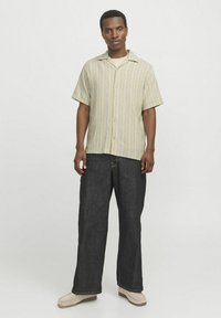 Flerfarvet stribet kortærmet skjorte med knapper, parret med mørke denim brede bukser og beige casual sko.