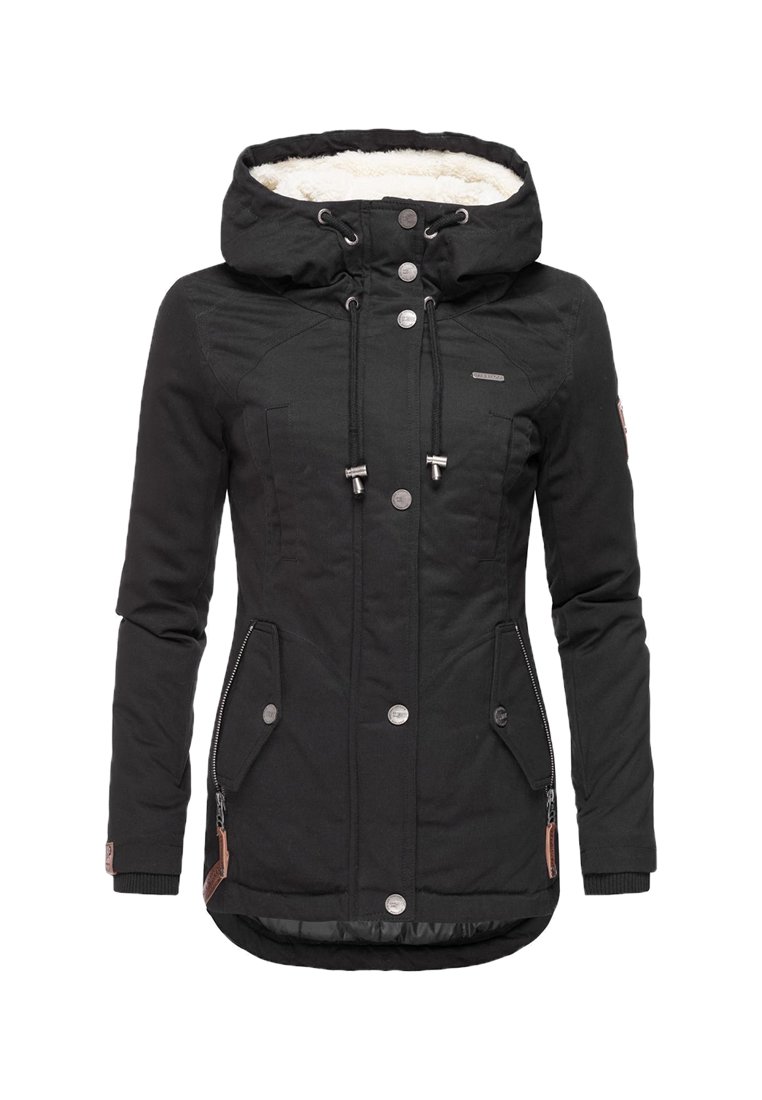 Black insulated jacket with a fur-lined hood, front snap buttons, two side pockets, and zipper accent on the left side.